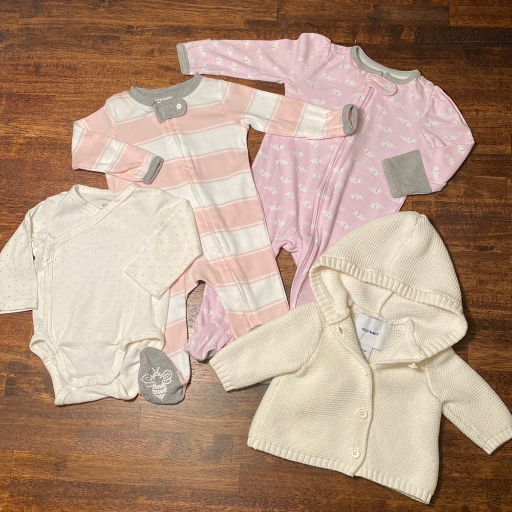 0-3 Month Burt’s Bees Sleeper, 0-3 Cream Knit Sweater Hoodie, H&M Snap Onesie